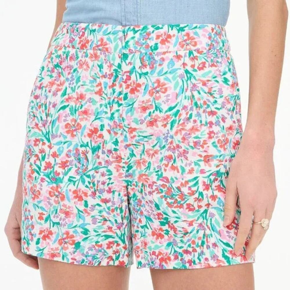 NWT J.Crew Pink White Linen-blend‎ Elastic-back Shorts Women's 16